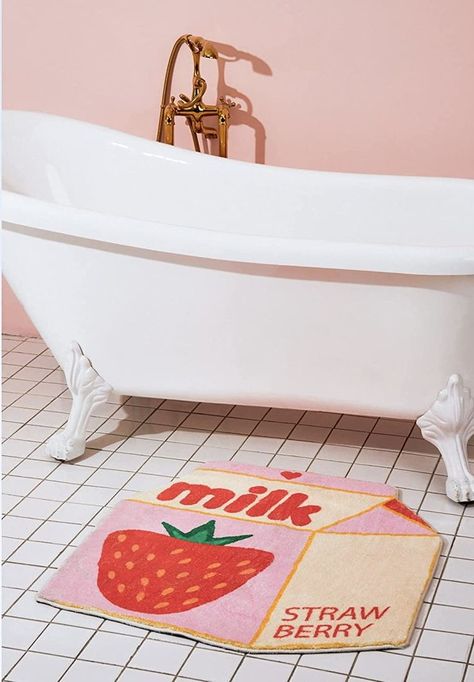 strawberry milk rug, bathroom rug, Inso, colorful rug, funky, cute Strawberry Bath Mat, Strawberry Bathroom Aesthetic, Strawberry Themed Bathroom, Strawberry Apartment, Strawberry Bathroom Decor, Strawberry Themed Room, Strawberry Room Decor, Strawberry Bathroom, Fruit Bathroom