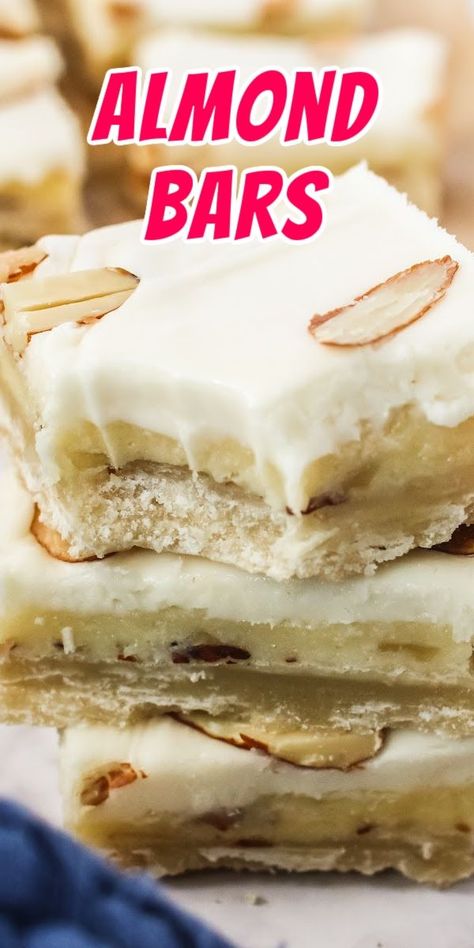 Almond Bars are a delicious shortbread bar that is easy to make! Perfect portion sizes means you can double or triple the recipe and eat them over and over again! #numstheword #almondbars #dessert #almonds #shortbread Almond Bars Recipe, Shortbread Bars Recipes, Almond Frosting, Almond Creme, Almond Pastry, Almond Bars, Shortbread Bars, Square Recipes, Dessert Bar Recipe