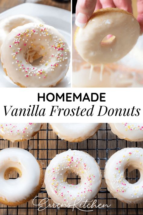 Baked Vanilla Donuts | Easy Homemade Donut Recipe | You don't need advanced baking skills to make perfect cake donuts. With this easy recipe, anyone can make them! Make soft, fluffy cake donuts with this easy recipe. These tasty Baked Vanilla Donuts are topped with glaze and decorated with sprinkles. Vanilla Glazed Donut, Vanilla Donut Icing, Vanilla Cake Donut Recipe, Delicious Donuts Recipe, Vanilla Frosted Donut, Vanilla Donut Frosting, Thick Donut Glaze, White Donut Icing, Sprinkle Donut Recipe