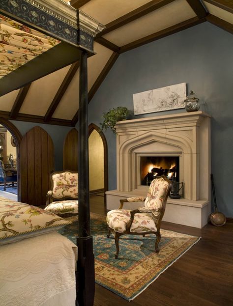 Bedroom Fireplace Ideas-46-1 Kindesign Traditional Bedroom Design, Tudor Style Homes, Bedroom Fireplace, Bedroom Photos, Romantic Bedroom, Tudor Style, Transitional Living Rooms, Traditional Bedroom, Transitional Decor