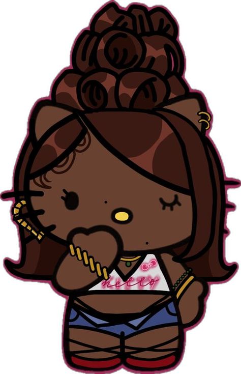 Black hello kitty with auburn y2k updo. She has a airbrushed white tank top and unbuttoned blue jeans. She has red shows and gold jewelry all over. Baddie Hello Kitty, Nails Rings, Cartoon Girl, My Pictures, My Favorite, Hello Kitty, Kitty, Nails, Hair