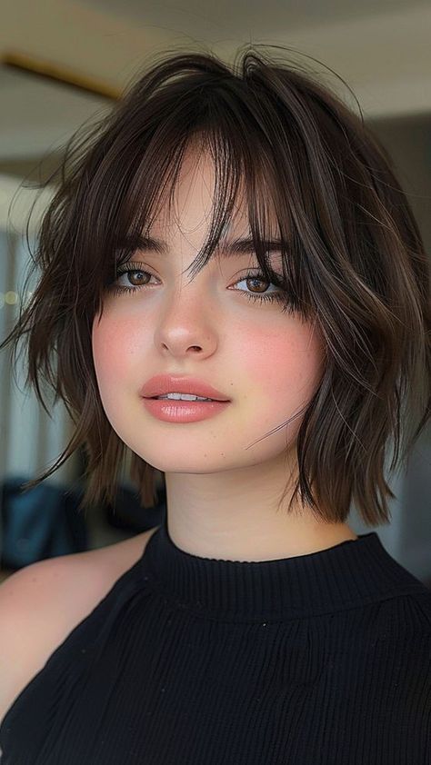 Haircuts For Frizzy Hair Round Faces, Short Hair Cuts With Bangs For Woman, Pixie Bob Round Face, Curtain Bangs Short Hair For Round Face, Shaggy Bob Round Face, Hair Styles Oval Face, Hispanic Haircuts, Bob With Bangs Round Face, Bob Cut For Round Face