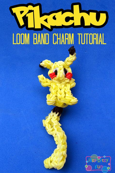 Pokemon Rainbow Loom Charm Pikachu Tutorial Loom Band Charms Tutorial, Loom Band Charms, Rubber Band Charms, Loom Bands Designs, Loom Animals, Monster Tail, Loom Bands Tutorial, Rubber Band Loom, Loom Band Patterns