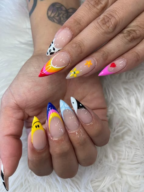 Multicolor nail design Multi Nail Designs, Multi Design Nails, Summer Abstract Nails, Different Design On Each Nail, Miami Nails Ideas, 90s Nail Designs, Eclectic Nails, Abstract Nail Designs, Stilleto Nails Designs