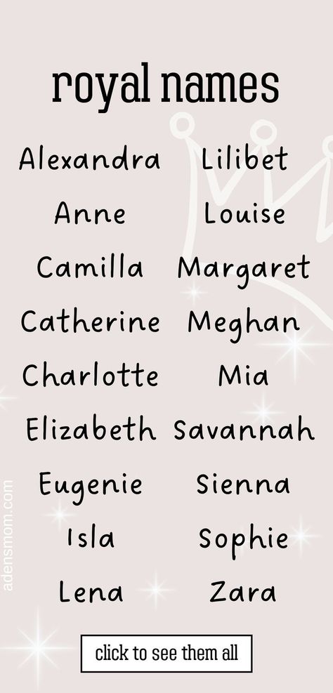 royal names for girls - a list of 18 girls names inspired by royalty ranging from Alexandra to Zara - click to see them all Royal Girl Names, Girl Name List, Girl Names List, List Of Girls Names, Royal Names, S Meaning, Royal Girls, Unique Girl Names, Names List