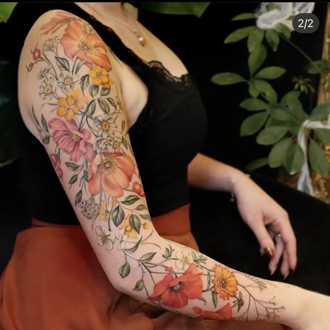 Color Floral Half Sleeve Tattoo, Baking Tattoo Sleeve, Flowers Arm Tattoo For Women, Floral Color Tattoo, Wildflower Tattoo Sleeve, Wildflower Sleeve Tattoo, Floral Sleeve Tattoos For Women, Floral Sleeve Tattoo, Wildflowers Tattoo