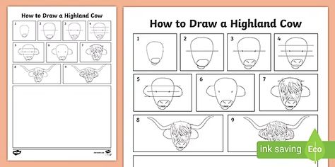 How to Draw a Simple Highland Cow Worksheet - Art Resource Highland Cow Drawings, Draw A Highland Cow, Cow Drawings, Cow Drawing Easy, Simple Art Activity, Cow Sketch, Zoo Animal Coloring Pages, Steven Brown Art, Cow Craft