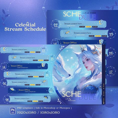 Blue Celestial Stars Stream Schedule | Vtuber Schedule | Magical Weekly Schedule For Streamers | Cute Pastel Color Tones | Photoshop PSD Vtuber Schedule Design, Vtuber Schedule, Stream Schedule, Event Schedule Design, Weekly Schedule, Schedule Design, Sea Theme, Art Model, Psd Templates