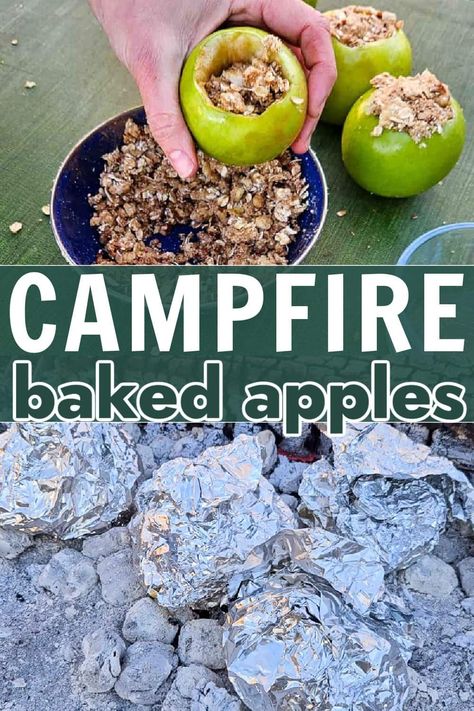 This camping dessert is so much better than smores! Stuff apples with oats, pecans and brown sugar butter to make these campfire baked apples. They cook right over the fire for an easy campfire dessert. Open Fire Desserts, Fun Campfire Desserts, Campfire Dutch Oven Desserts, Campfire Apple Cobbler, Campfire Desserts On A Stick, Campfire Food For Kids, Easy Camp Fire Food, Campfire Apples, Campfire Dessert