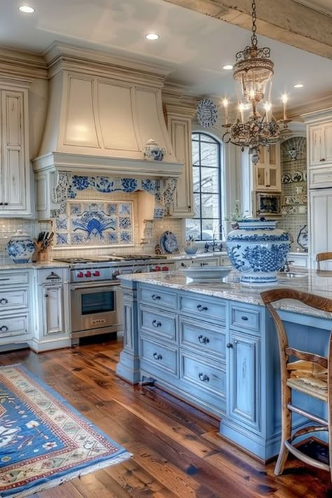 Blue Shabby Chic Kitchen, Blue Cottage Kitchen, Blue French Country Kitchen, Vintage Blue Kitchen, French Blue Kitchen, Blue Country Kitchen, Ornate Kitchen, Blue Kitchen Ideas, Vintage French Kitchen