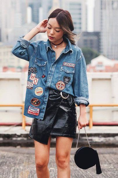 Patched Denim, Teens Movies, Giovanna Battaglia, Skirt Wrap, Anna Dello Russo, Patches Fashion, Clothes Casual, Black Leather Skirts, Denim Patches