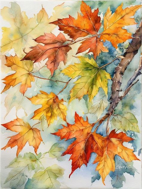 Paintings Of Fall Leaves, Fall Watercolors, Fall Leaves Art, Autumn Leaves Watercolor, Watercolor Fall Leaves, Watercolor Autumn Leaves, Botanical Flowers Print, Art Leaves, Autumn Leaves Art