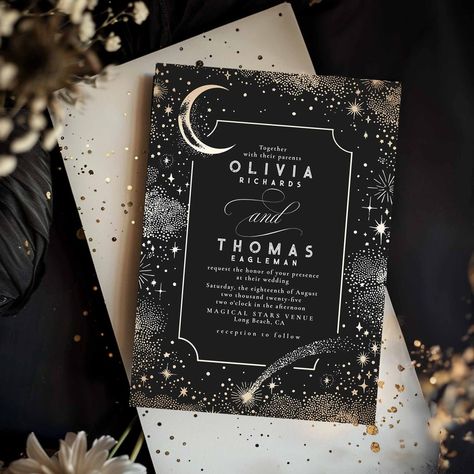 This celestial wedding invitation enchants with a gorgeous cosmic midnight sky scene, casting a spell of allure and mystery. It features a bright golden crescent moon, a shooting star, and distant constellations, each element shines in the luxurious sheen of faux gold foil. This black and gold romantic invitation is a reflection of your unique style and the theme of your enchanted wedding - "Under the Stars," "Written in the Stars," or "To the Moon and Back." It Was Written In The Stars Wedding, Autumn Celestial Wedding, Edgy Modern Wedding, Starlight Wedding Theme, Black Witchy Wedding, Velaris Wedding, Starfall Wedding, Starry Night Wedding Ideas, Stars Wedding Theme