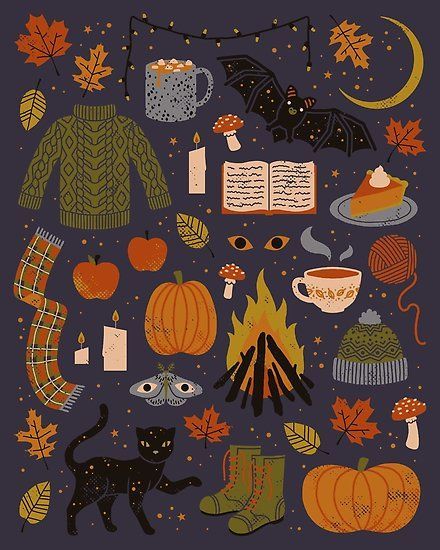 A cozy, spooky, fall inspired pattern. • Also buy this artwork on wall prints, apparel, phone cases, and more. Spooky Fall, Autumn Illustration, Halloween Tags, Fall Inspiration, Autumn Halloween, Autumn Night, Halloween Vibes, Fall Inspo, Theme Halloween