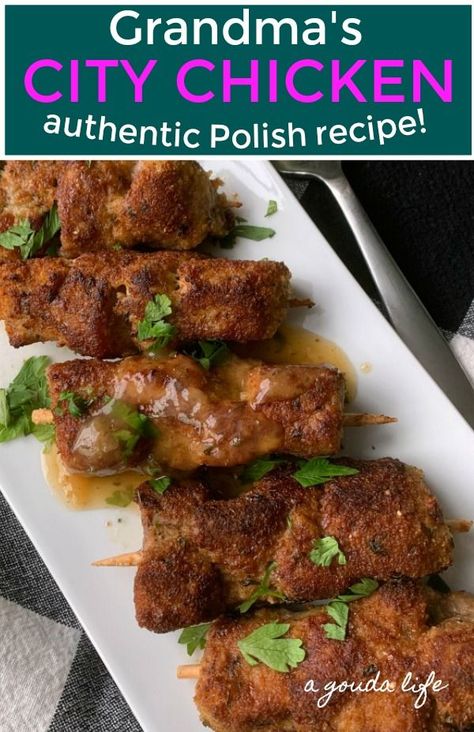 Polish City Chicken, Polish Meals Dinners, Pork City Chicken Recipes, Polish Meat Recipes, Ohio Recipes Comfort Foods, City Chicken Recipe Easy, Polish Chicken Recipes, Polish Casserole Recipe, City Chicken Recipe Baked