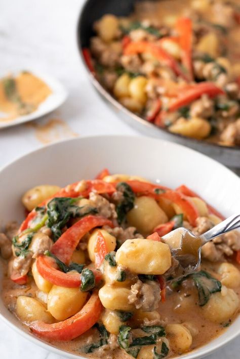 It's been a while since I have posted a dinner recipe... I may or may not have had a bit of a baking obsession the last few weeks. The good news is this gnocchi dish was worth the wait! It is so delicious and so easy, and we can't help but grab seconds whenever I make it. It only needs 10 ingredients and less than 30 minutes to make - it seriously doesn't get better than this. The creamy sauce is the perfect complement to the soft, pillowy gnocchi. My husband is still raving about it -… Gnocchi And Sausage, Chicken Tinga Tacos, Creamy Gnocchi, Tinga Tacos, Sausage Spinach Pasta, Sweet And Spicy Shrimp, Loaded Baked Potato Casserole, Gnocchi Dishes, Chicken Tinga