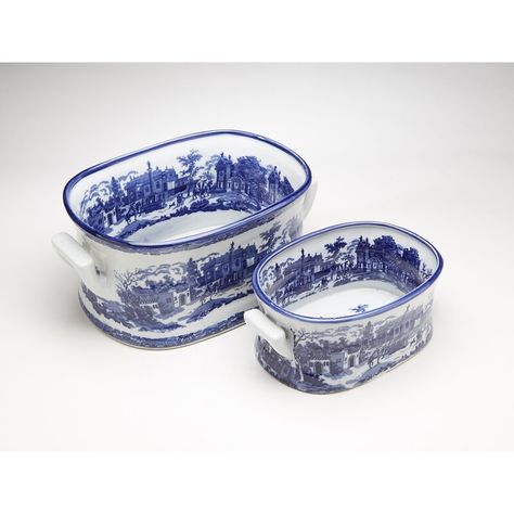 AA Importing Italian Scene 2 Piece Footbath Set & Reviews | Wayfair Blue And White Dishes, Round Spa, Tub Cover, Hot Tub Cover, Blue White Decor, Blue Transferware, White Planters, White Dishes, Spring Table