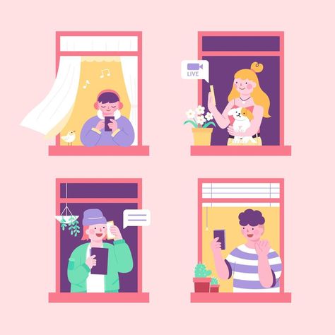 Flat illustration of apartment with people in open windows. Concept of daily phone usage. Young people use phone to live stream, listen to music, make video calls or phone calls. Window Illustration, Make Video, Listen To Music, Phone Calls, Open Window, Phone Call, Flat Illustration, Live Stream, Listening To Music