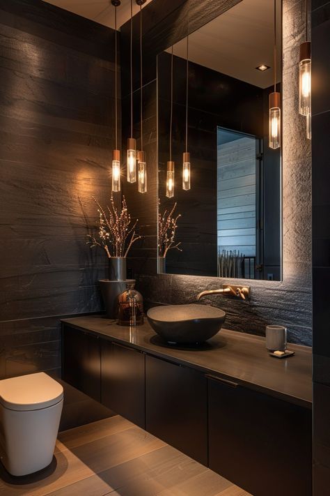 Chocolate Bathroom Ideas, Bathroom Chic Decor, Dark Restroom Ideas, Black Interior Design Bathroom, Dark Themed Bathroom, Home Interior Design Dark, Black Brown Bathroom, Modern Toilet Room, Black And Wood Interior Design