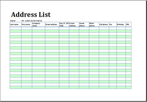 address list or book template at xltemplates.org Mailing List Template, Address Book Template, Template Book, Contact Sheet, Address List, Inspiring Books, Excel Tips, Book Templates, Address Book