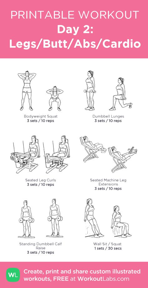 Day 2: Legs/Butt/Abs/Cardio: my custom printable workout by @WorkoutLabs #workoutlabs #customworkout Gym Routine Women, Arm Workout Gym, Abs Cardio, Leg Workouts Gym, Workout Labs, Fitness Studio Training, Printable Workout, Gym Workout Plan For Women, Gym Plan