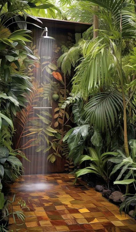 Immerse yourself in the simplicity of an outside shower. Embracing natural elements like bamboo and river stones, this outdoor oasis provides a connection to the earth, creating a tranquil space where you can cleanse both body and mind. See more on Nymphs Daily Blog. Ideas De Piscina, Casa Hobbit, Outdoor Bathroom Design, Outdoor Bathrooms, Garden Oasis, Outdoor Shower, Dream House Decor, Remodeling Projects, Amazing Bathrooms