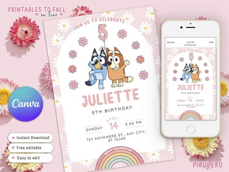 Dog Party Invite, Bluey Birthday Invitation, Dog Birthday Invitations, Pink Girl Birthday, Dog Girl, Bluey Birthday, Pink Cards, Flower Invitation, Dog Party