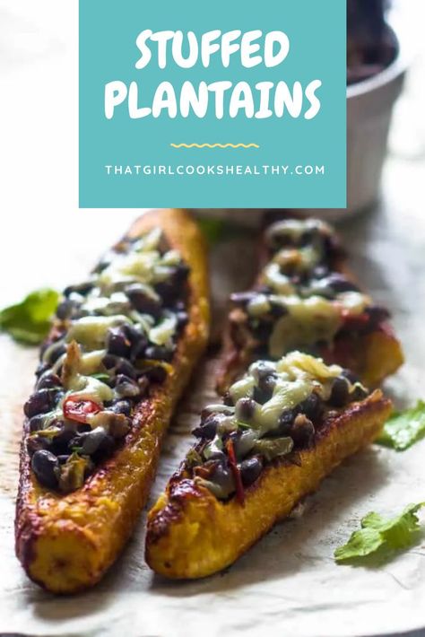 Stuffed Plantains, Vegan Plantain, Seasoned Black Beans, Baked Plantains, Sweet Plantains, Eating Alone, Vegan Side Dishes, Girl Cooking, Vegan Sides