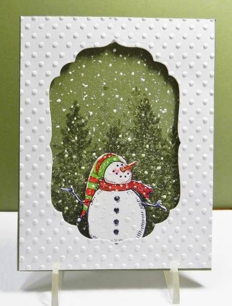 By Mary (jandjccc at Splitcoaststampers). Die-cut "window" panel dry embossed and popped up over image panel. Snowman Cards, Christmas Card Inspiration, Window Cards, Homemade Christmas Cards, Embossed Cards, Diy Christmas Cards, Christmas Cards To Make, Winter Cards, Christmas Cards Handmade