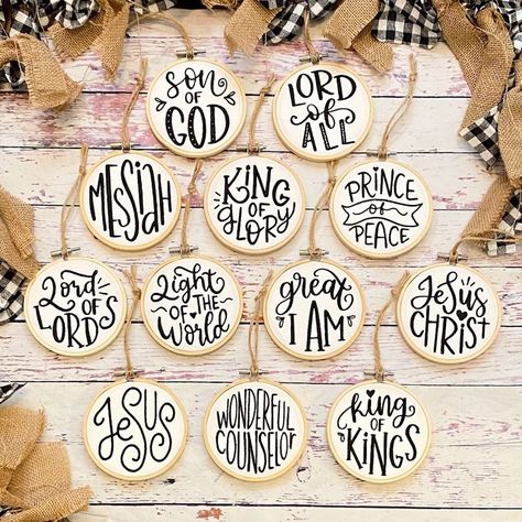 Names Of God Christmas Ornaments, Names Of God Ornaments, Hand Lettered Ornaments, Christmas Ornament Sayings, Round Wooden Ornaments, Names Of Jesus Ornaments, Jesus Christmas Ornaments, Cricut Christmas Ornaments, Wood Round Ornaments