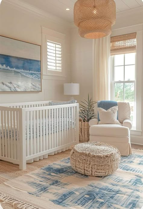 Coastal Boy Nursery, Beachy Nursery, Ocean Baby Rooms, Sea Nursery Theme, Sailboat Nursery, Coastal Nursery, Ocean Themed Nursery, Baby Boy Nursery Ideas, Baby Room Organization