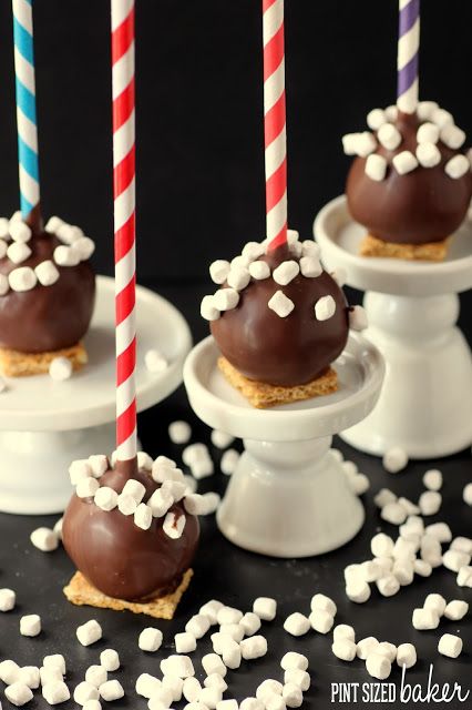 S'Mores Cake Pops - Pint Sized Baker S’mores Cake Pops, Smores Cake Pops, Sweets Business, Brownie Cake Pops, Cake Pops Chocolate, Sweet Cheese, Winter Dessert, Cake Ball, Chocolate Cake Pops