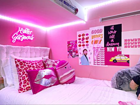 Hot Pink And White Bedroom Ideas, White And Hot Pink Bedroom, Hot Pink Bedroom Aesthetic, Hot Pink Dorm Room, Hot Pink Room Decor, Pink Dorm Room Decor, Hot Pink Room, Hot Pink Bedrooms, White Dorm Room