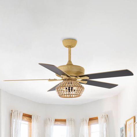 52-inch Farmhouse 5-Blades Beaded Reversible Ceiling Fan with Remote and Light Kit - Bed Bath & Beyond - 37165108 Farmhouse Style Ceiling Fan, Wicker Ceiling, Ceiling Fan Bedroom, Remote Control Light, Candle Style Chandelier, Ceiling Fan Chandelier, Ceiling Fan With Remote, Fan Blades, Stone Mosaic