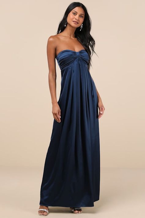 Women's Evening Dress, Empire Waist Formal Dress, Midnight Blue Satin Dress, Navy Blue Birthday Dress, Navy Strapless Prom Dress, Dark Blue Bridesmaids Dresses, Navy Blue Dresses Formal, Blue Maxi Dress Wedding, Navy Hoco Dress