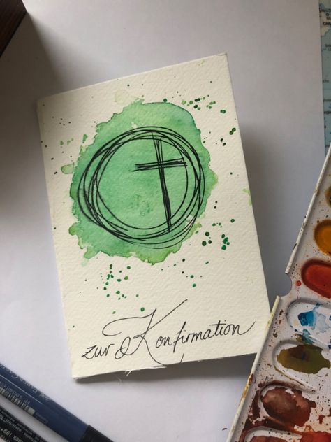 First Communion Cards, Christian Greeting Cards, Confirmation Cards, First Communion Decorations, Communion Decorations, Watercolor Lettering, Watercolor Greeting Cards, Happy Paintings, Fun Fold Cards