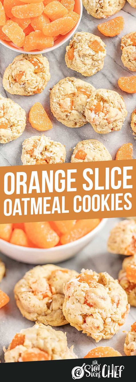 This classic Orange Slice Oatmeal Cookie is packed with flavor and texture. Chewy and sweet orange, coconut and oats come together in this yummy and nostalgic treat. Oatmeal Orange Cookies, Orange Slice Oatmeal Cookies, Orange Slice Cookies Recipes, Orange Slice Cookies, Orange Oatmeal Cookies, Slice Cookies, Cinnamon Biscuits, Grandma Cookies, Orange Cookies