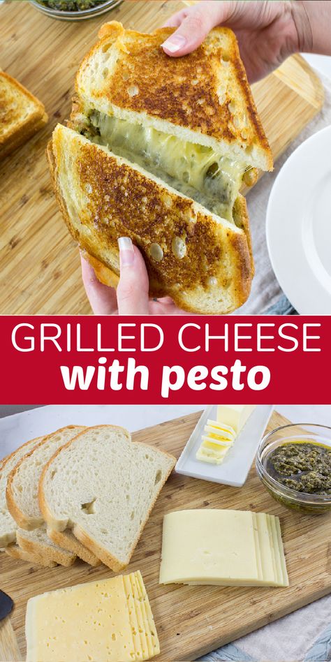 Pesto Cheese Sandwich, Sandwich With Pesto, Pesto Sandwich Recipe, Yummy Grilled Cheese, Pesto Grilled Cheese, Bacon Grilled Cheese Sandwich, Easy Grilled Cheese, Fancy Grilled Cheese, Grilled Cheese Croutons