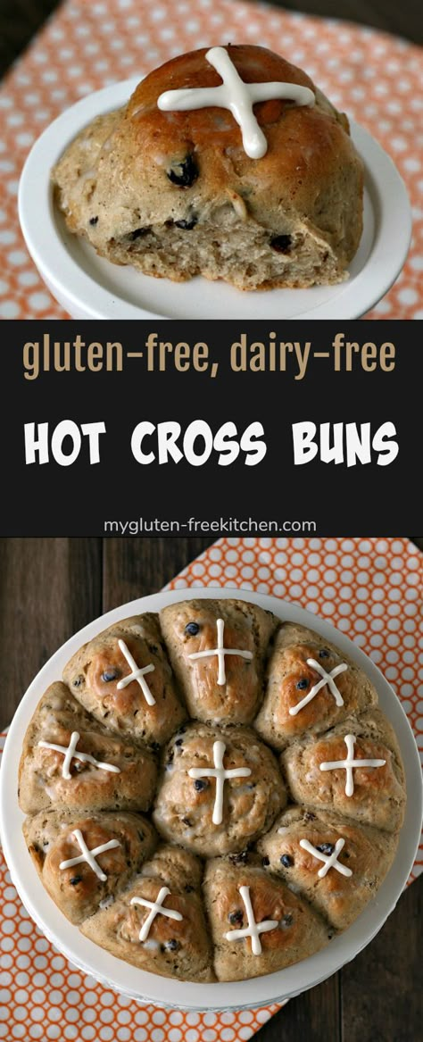 Gluten-free Hot Cross Buns {Dairy-free too} Gluten Free Hot Cross Buns, Vegan Hot Cross Buns, Dairy Free Bread, Cross Buns Recipe, Gluten Free Easter, Hot Cross Buns Recipe, Hot Cross Bun, Gluten Free Kitchen, Lactose Free Diet