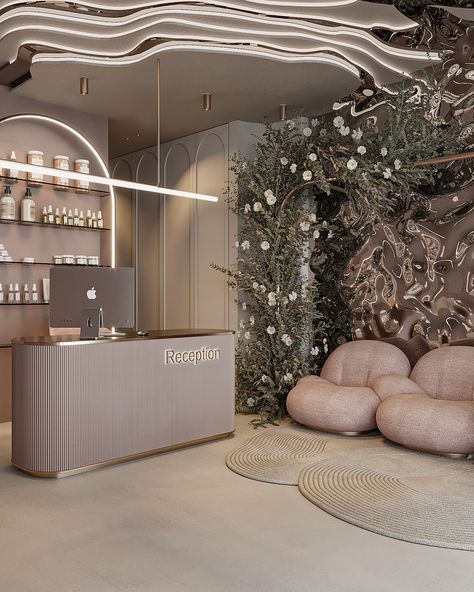 Beauty Salon in Poland :: Behance Spa Reception Desk, Purple Salon, Salon Office, Salon Reception Desk, Spa Reception, Retail Store Display, Modern Office Interiors, Beauty Salon Design, Beauty Room Decor