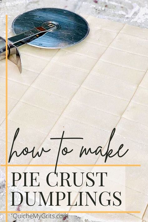 pie crust being cut with a pizza cutter into long strips. Pie Crust Chicken And Dumplings, Chicken And Dumplings With Pie Crust, Pie Crust Dumplings, Instapot Chicken And Dumplings, Blueberry Dumplings, Potluck Meals, Make Pie Crust, Drop Dumplings, Chicken Breast Dishes