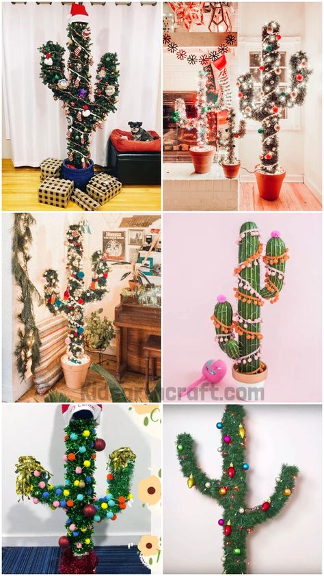 DIY Cactus Christmas Tree Decoration Ideas Cactus Christmas Trees Diy, Giant Cactus Diy, Diy Christmas Cactus, Cactus Christmas Tree Diy, Southwestern Christmas Decorations, Desert Christmas Decor, Christmas Cactus Tree, Desert Alien, Christmas In The Desert