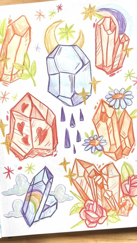 Full Page Art Ideas, Easy Crystal Drawing, Crystal Drawing Ideas, Crystal Cluster Drawing, Crystal Sketch, Draw Crystals, Drawing Crystals, Crystals Drawing, Crystal Drawings