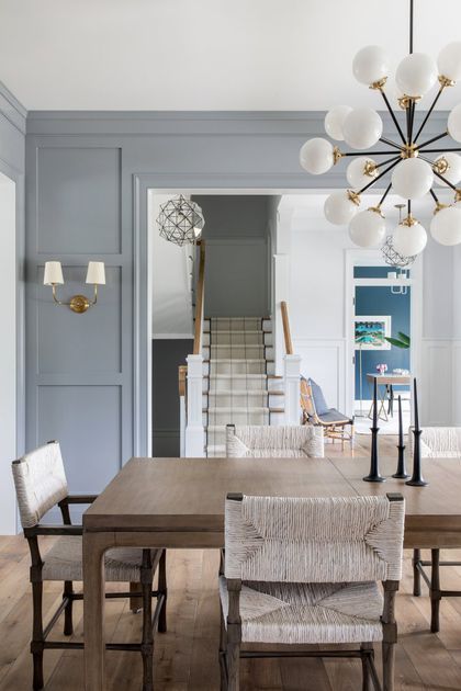 50 Dining Room Decor Ideas For a Stylish Entertaining Space Gray Blue Dining Room, Blue Dining Room Walls, Scandi Dining Room, Dining Room Wall Color, Dining Room Accent Wall, Dining Room Decor Ideas, Dining Room Paint Colors, Dining Room Accents, Blue Accent Walls