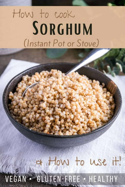 Pinterest graphic showing a bowl of cooked sorghum on a table with greenery in the background. Sorghum Grain Recipes, Sorghum Porridge, Sorghum Salad, Sorghum Bread, Popped Sorghum, Homemade Sides, Ingredient Prep, Sorghum Recipes, Pantry Cooking