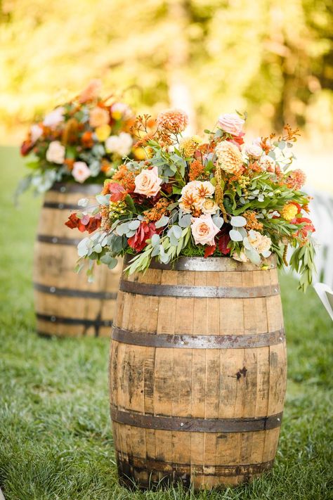 Barrels For Wedding, Whiskey Barrel Flowers, Wine Barrel Wedding Decor, Whiskey Barrel Decor, Barrel Wedding Decor, Wine Barrel Wedding, Fall Country Wedding, Barrel Flowers, Whiskey Barrel Wedding