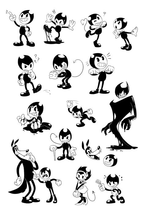 Whelp, I was inclined to draw some Bendy too. Gotta love the ol’ black and white. Old Cartoon Style Design Reference, Bendy Tattoo Ideas, Bendy And The Ink Machine Tattoo, Bendy Tattoo, 1930 Cartoon Style, Rubber Hose Style Art, Bendy Drawing, 1930s Cartoons, Old School Cartoons