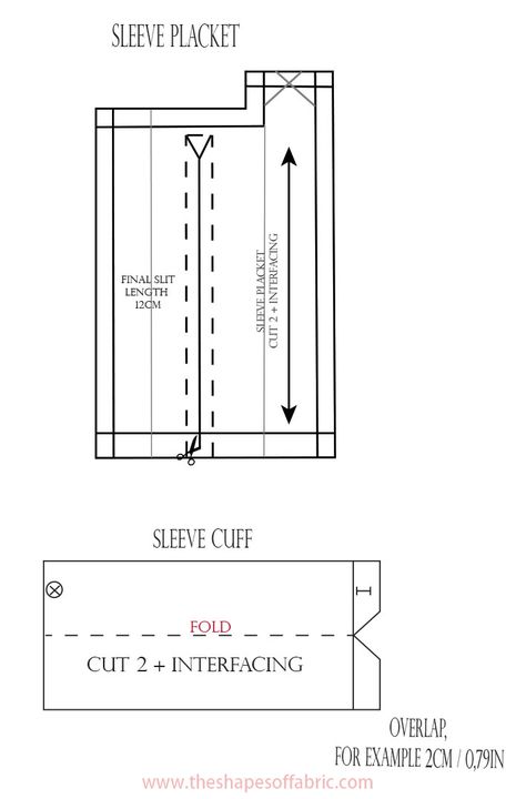 The Making of a Shirt -starting from the pattern - The Shapes of Fabric Shirt Placket Pattern, Cuff Patterns Sleeve, Sleeve Placket Pattern, Shirt Cuff Pattern, Sleeve Cuff Pattern, Shirt Sleeve Pattern, Placket Pattern, Fashion Techniques, Pattern Making Books