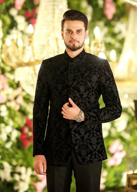 Valima Outfit Men, Black Prince Suit For Men, Men Prince Suit, Velvet Suit Design Men, Reception Look For Men, Black Velvet Suit Mens, Velvet Coat For Men, Black Prince Coat For Men, Black Coat Pant For Men