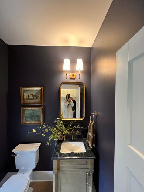 Dark Blue Powder Room, Deep Blue Bathroom, Dark Blue Bathroom Ideas, Dark Blue Bathroom, Blue Powder Room, Blue Bathroom Ideas, Dark Blue Bathrooms, House Updates, Blue Bathroom